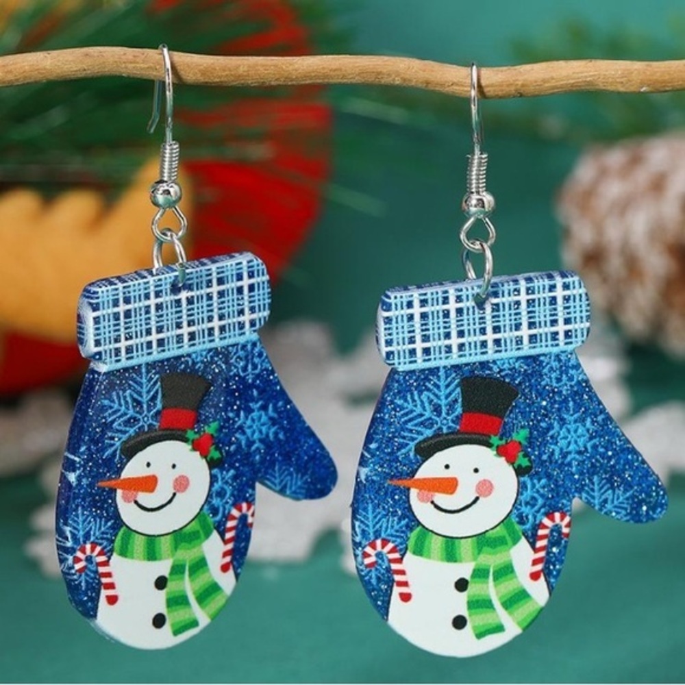 NWT - Blue Winter Mitten with Snowman Glitter Acrylic Dangle Earrings